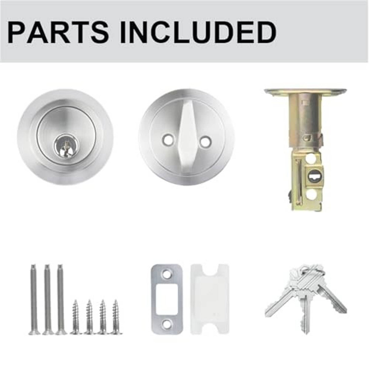 Deadbolt lock parts kit with satin nickel faceplates, latch, screws, and keys