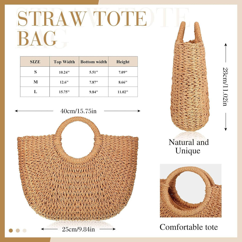 Woven straw tote bag with round handle, light brown