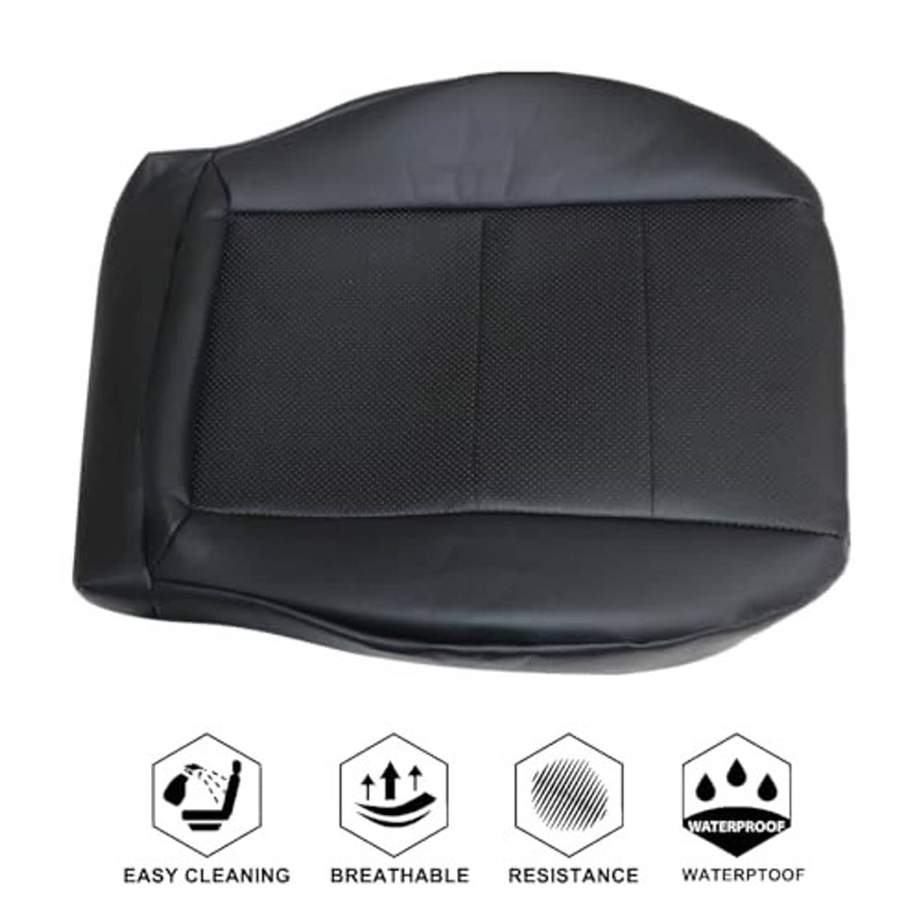 Black leather seat bottom cover with textured center insert and feature icons