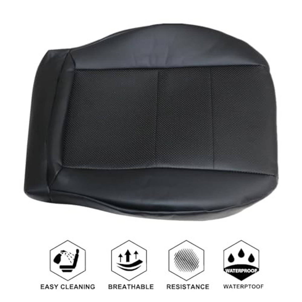 Black leather seat bottom cover with textured center insert and feature icons