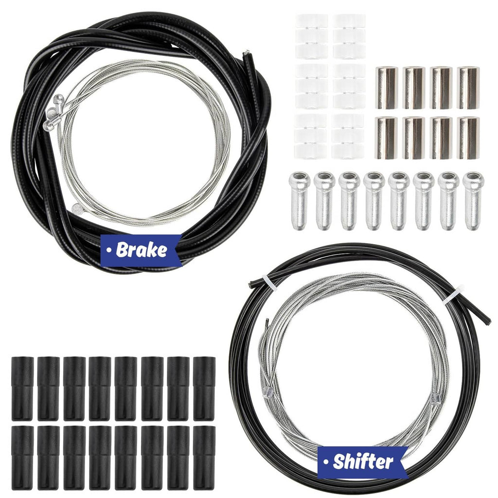 Bike brake cable kit with black housing, silver inner wires, and metal ferrules