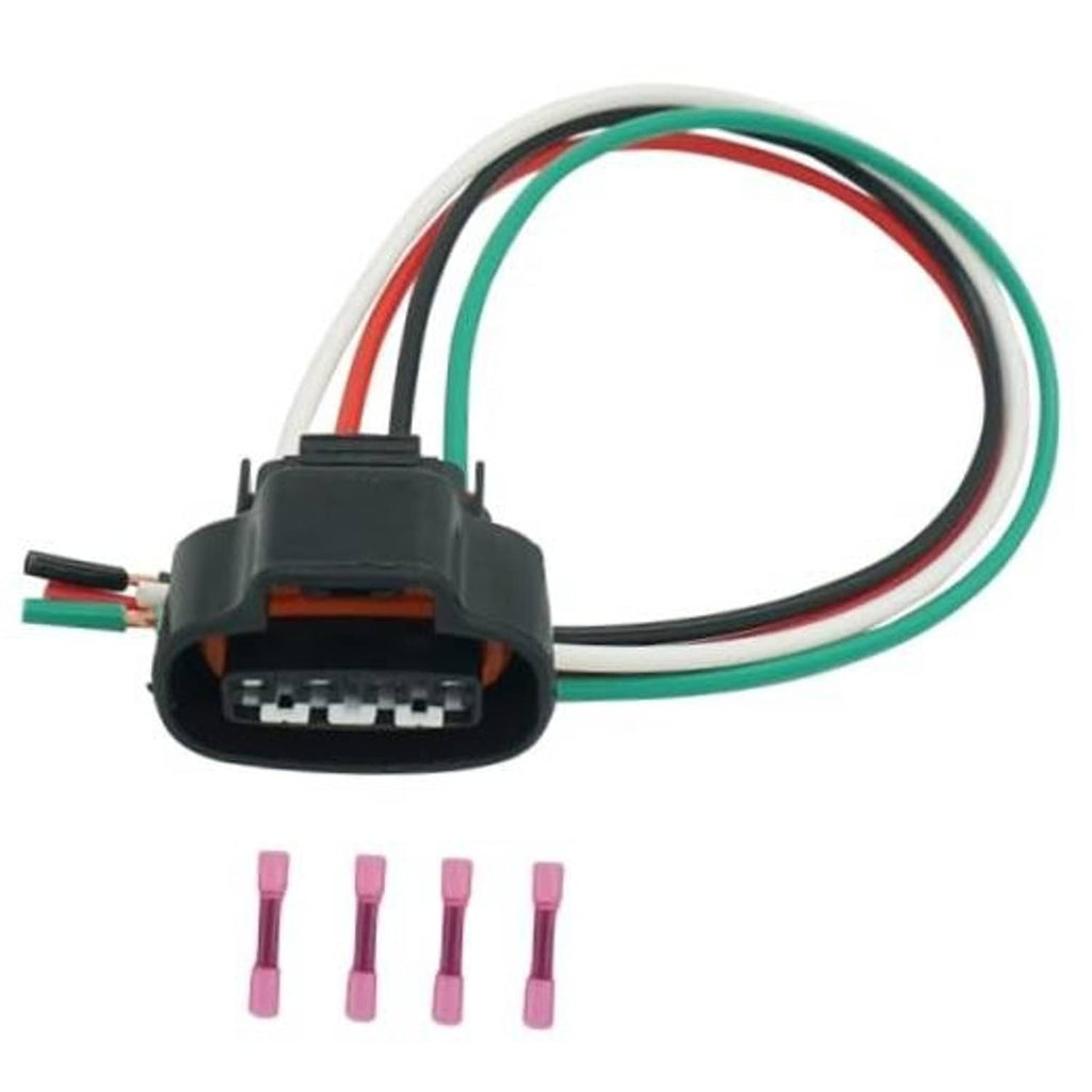 4-pin throttle body connector pigtail with dark housing, green/red/white wires, and four pink pins