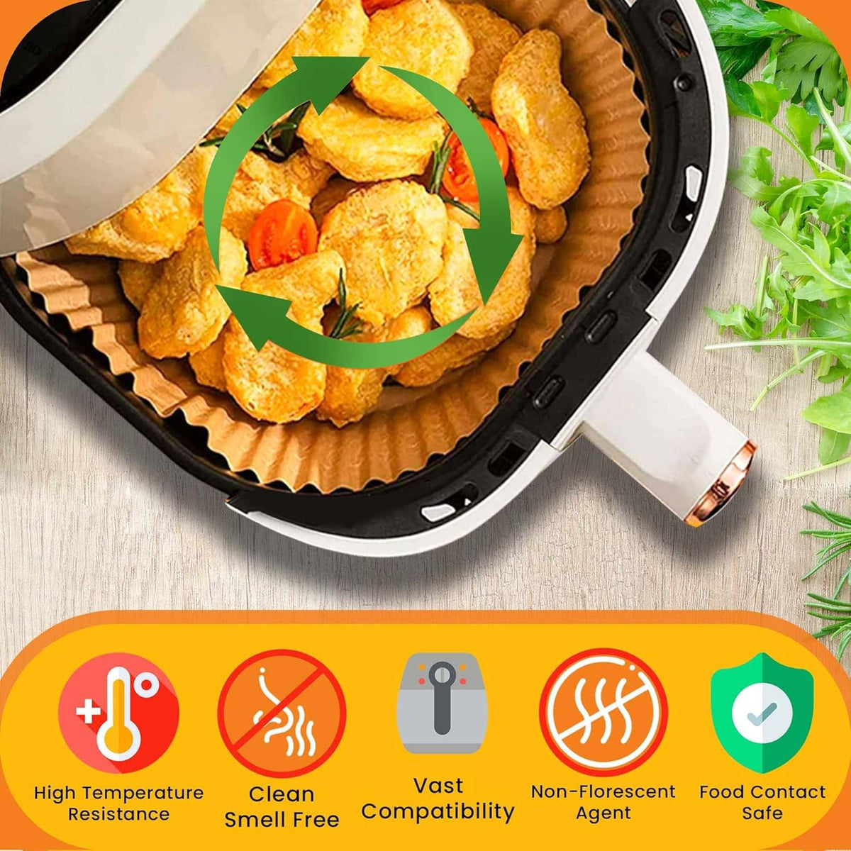 Square air fryer paper liner in the basket with cooked chicken pieces
