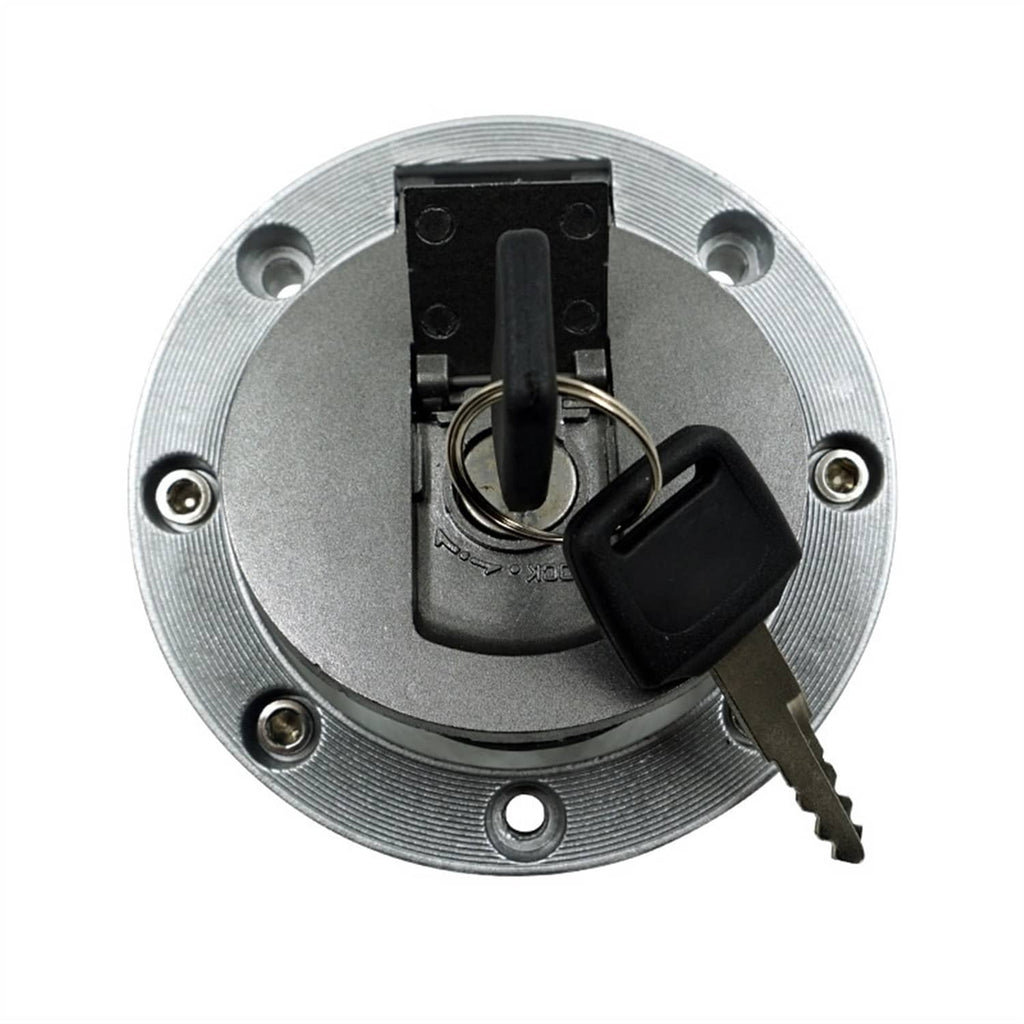 Fuel tank lock cap cover with keys and keyhole on round metal faceplate