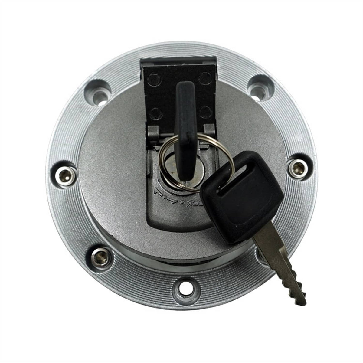 Fuel tank lock cap cover with keys and keyhole on round metal faceplate