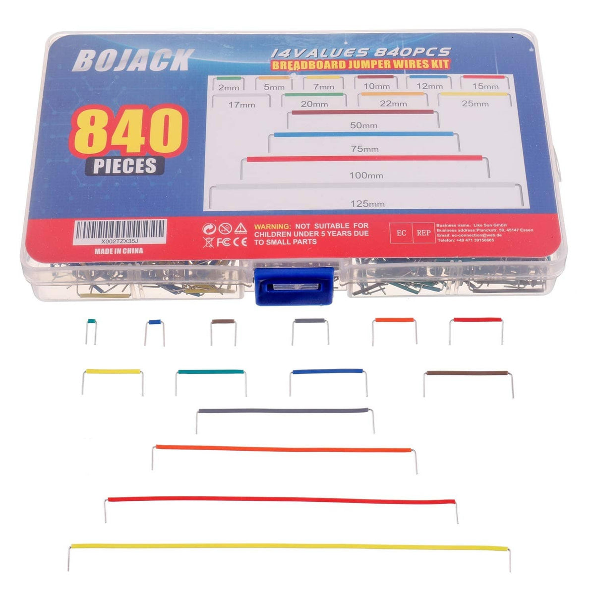 Jumper wire set with 840 pieces; mixed-color wire header pins laid out on tray