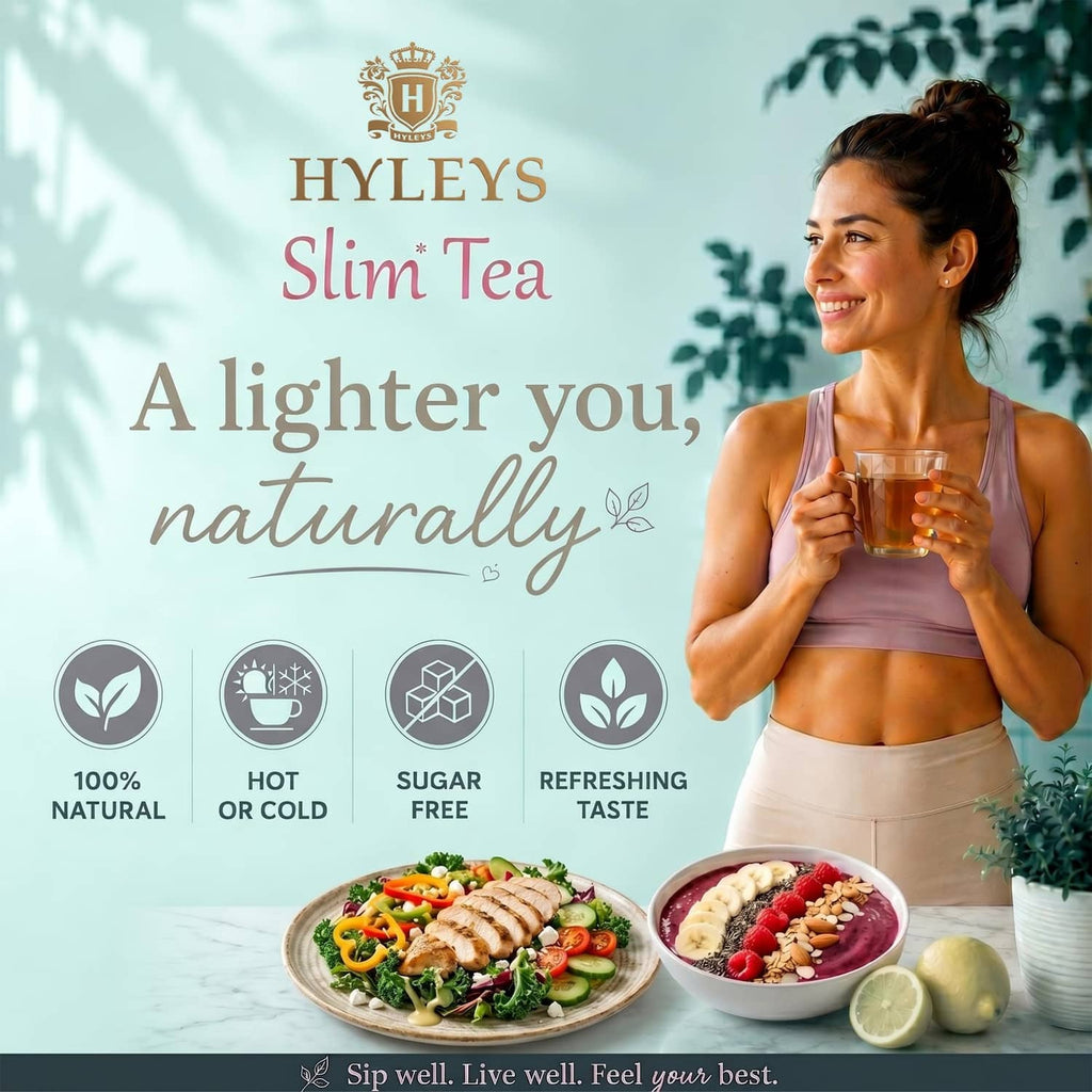 Slim Tea promotional image with woman holding a mug and fresh meal plates