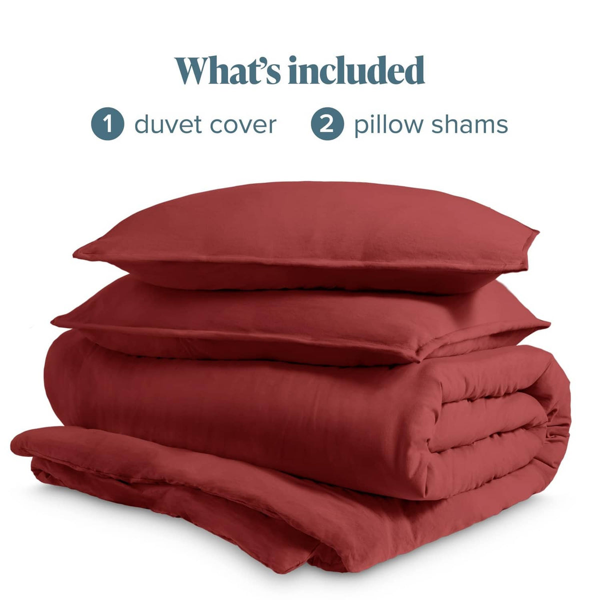 Folded red duvet cover with two matching pillow shams