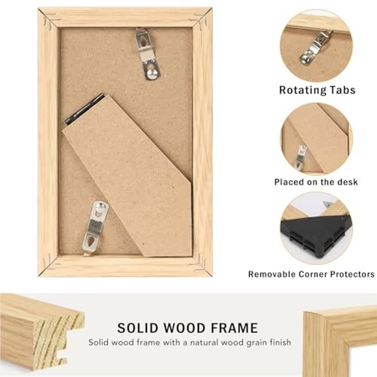 Natural wood picture frame with corner protectors and rotating hanging tabs