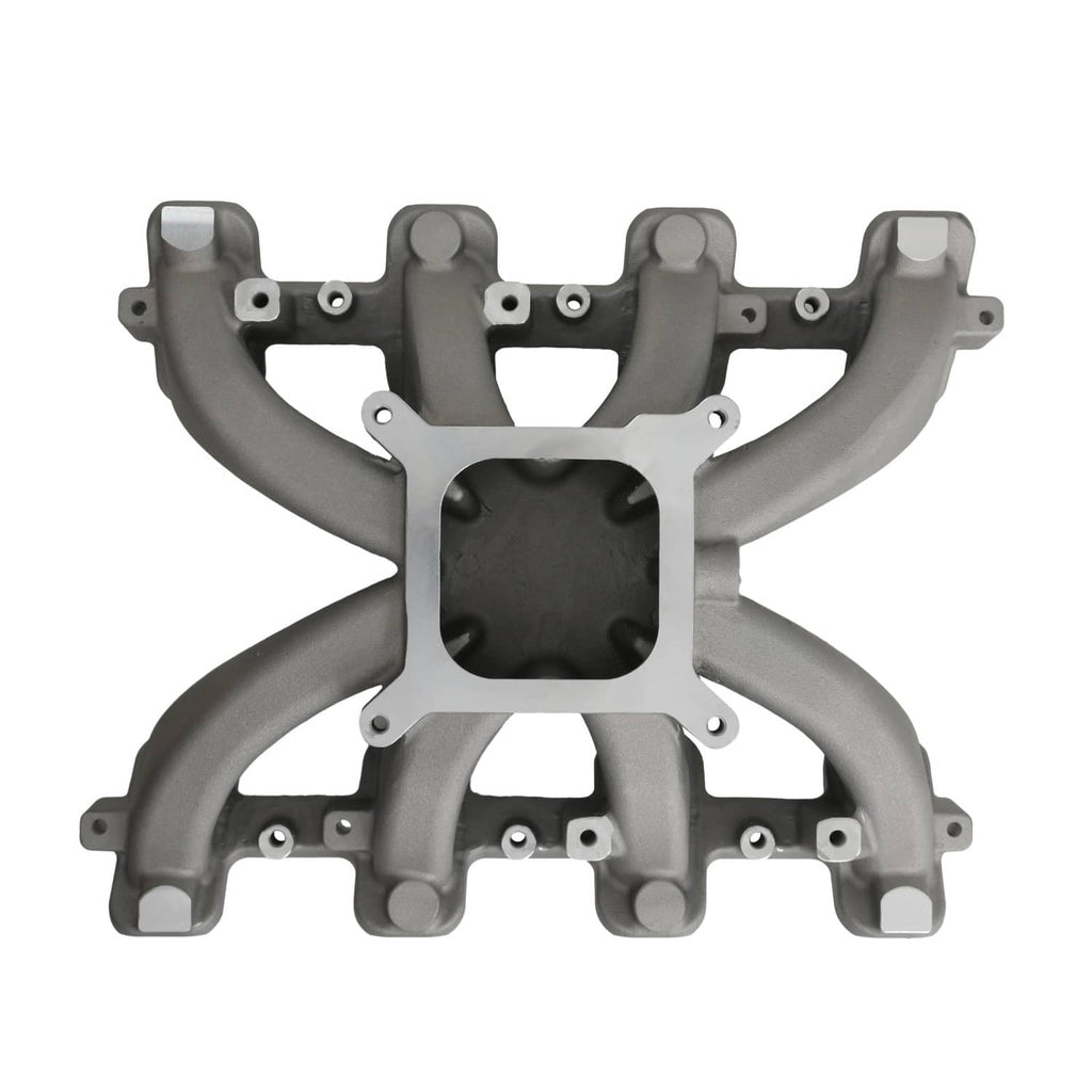 Single-plane intake manifold, gray cast metal with central square opening and four ports