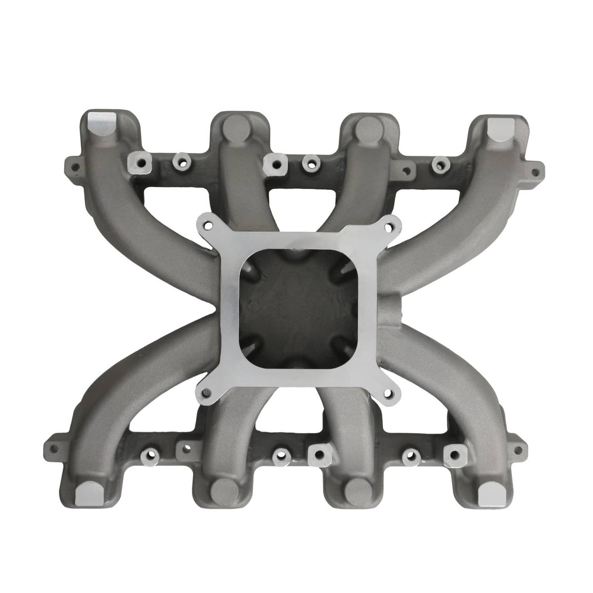Single-plane intake manifold, gray cast metal with central square opening and four ports
