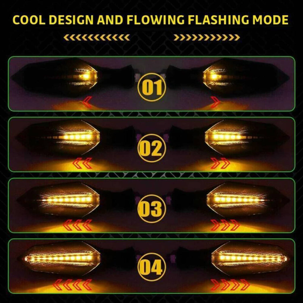 Turn signal lamps showing four amber flashing modes with paired black housings