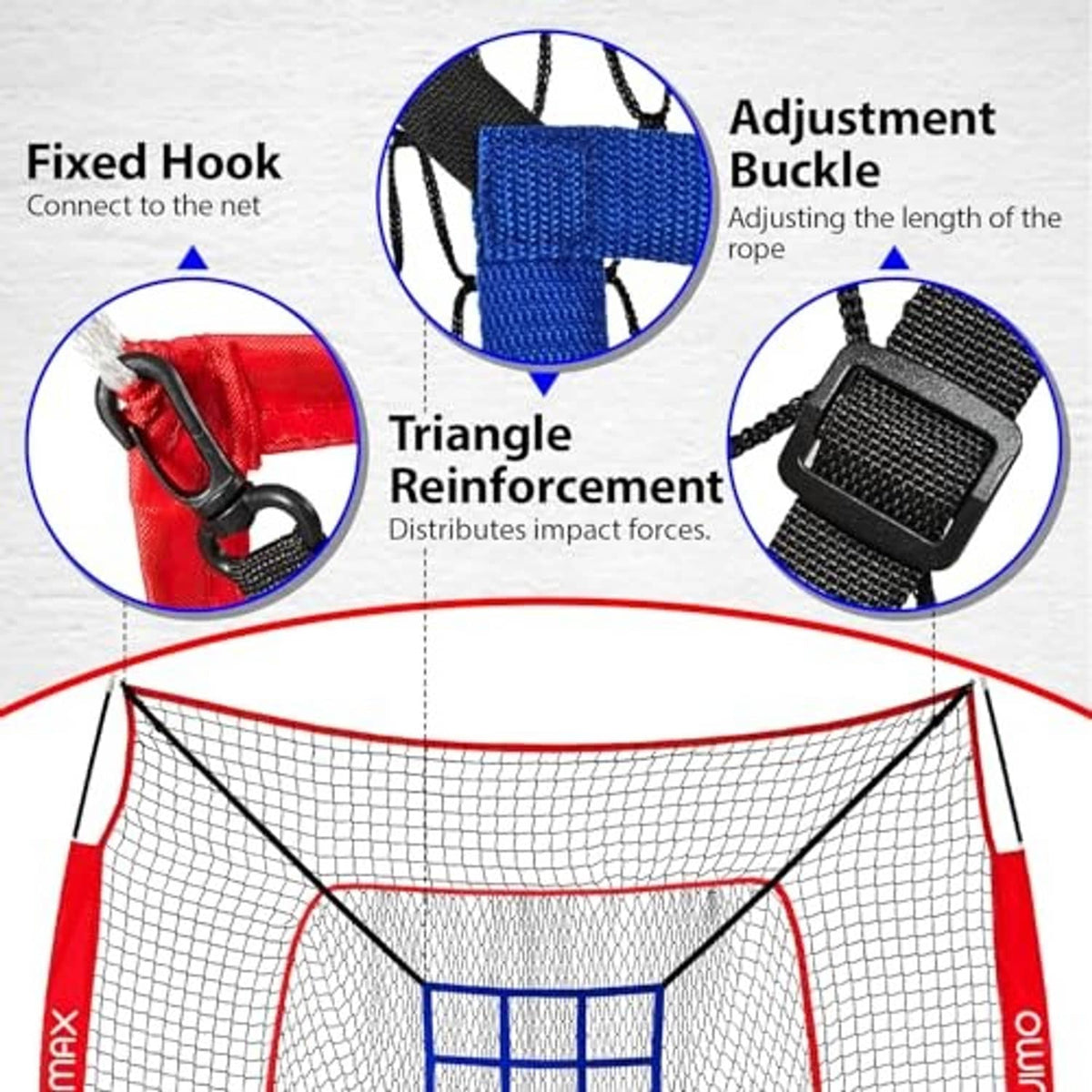 Baseball practice net with corner hooks, reinforced triangle ties and blue target window