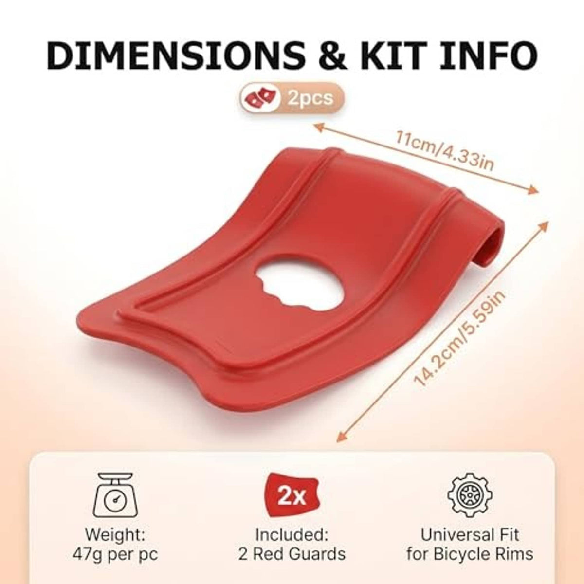 Red rim guard for bicycle rims, 2-pack, curved design with mounting hole