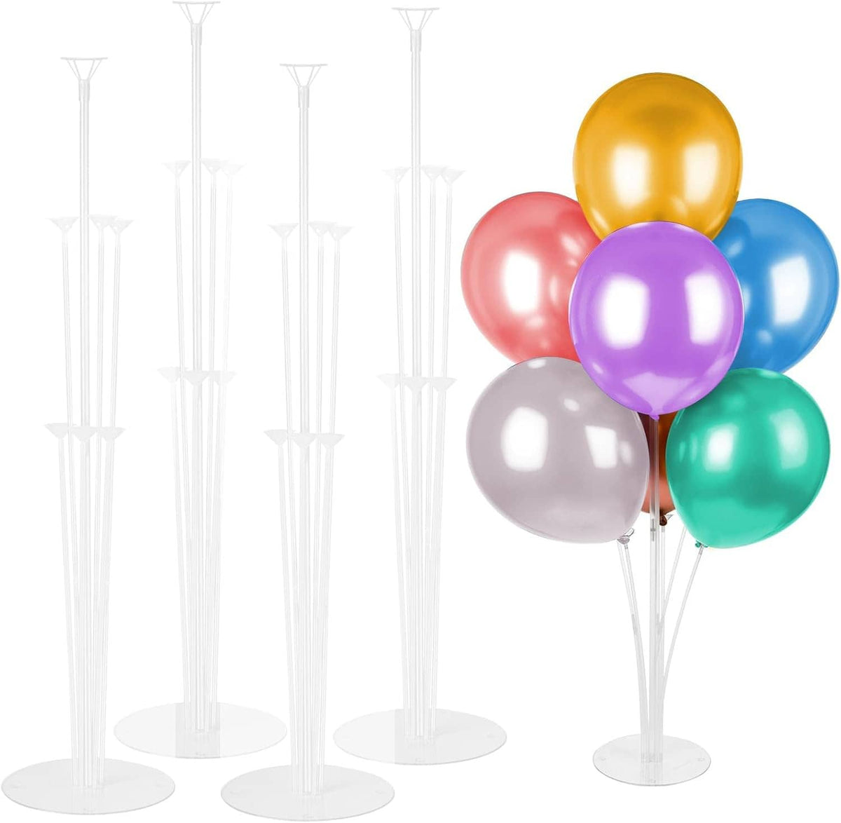 Clear balloon arch stand with three round bases holding a multicolor balloon bouquet