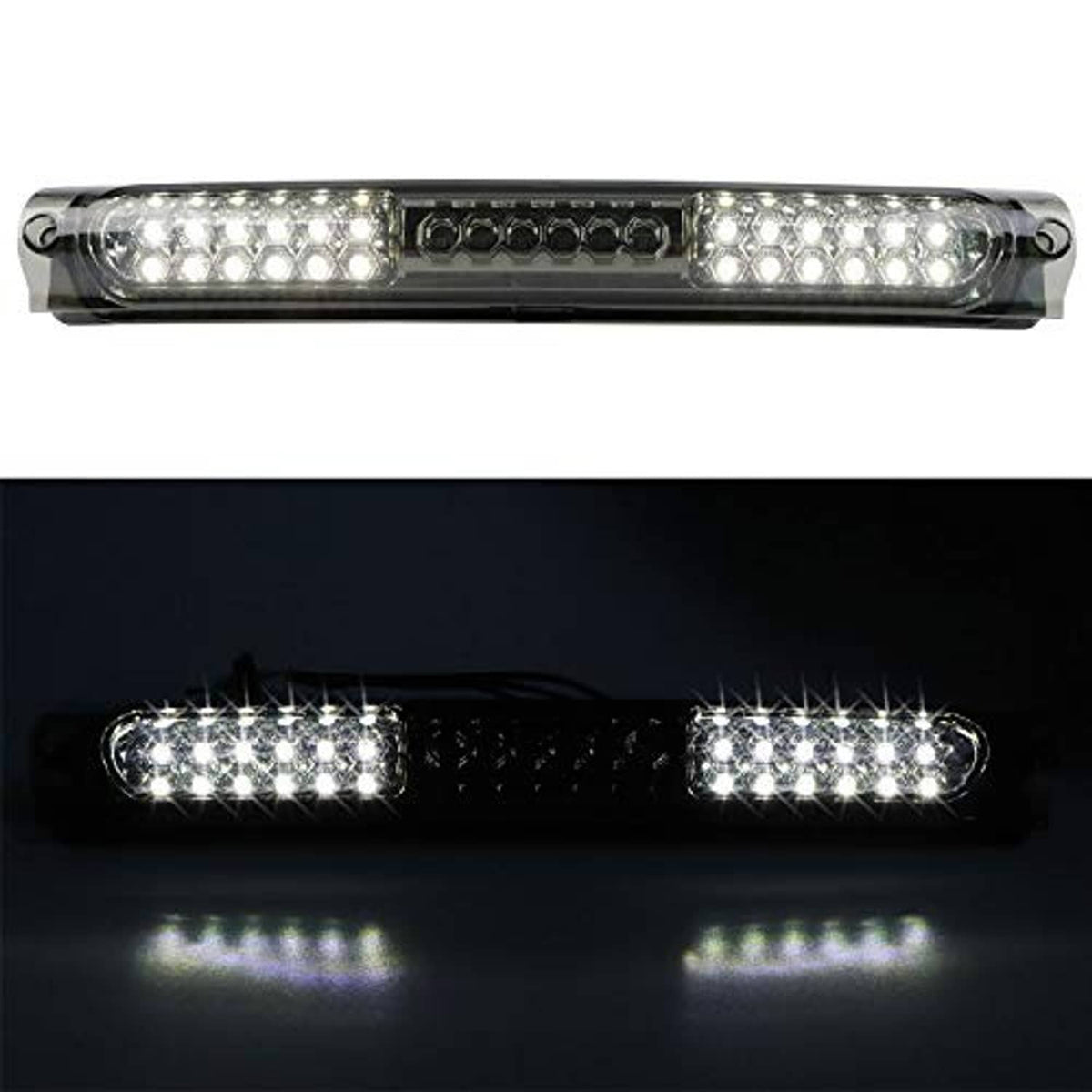 LED light bar with chrome housing and smoke lens; white LED grid and center panel