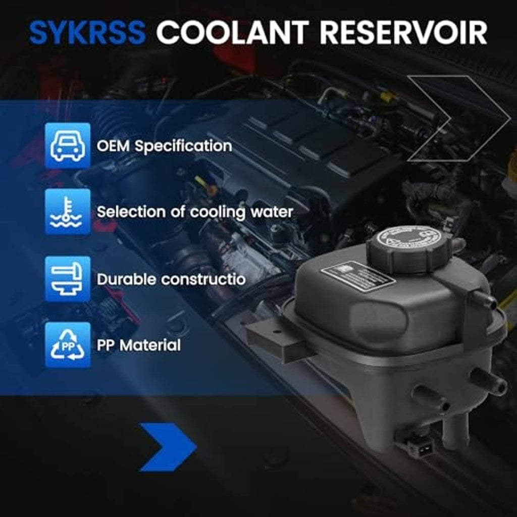 Dark gray coolant reservoir tank with round cap shown in an engine bay graphic