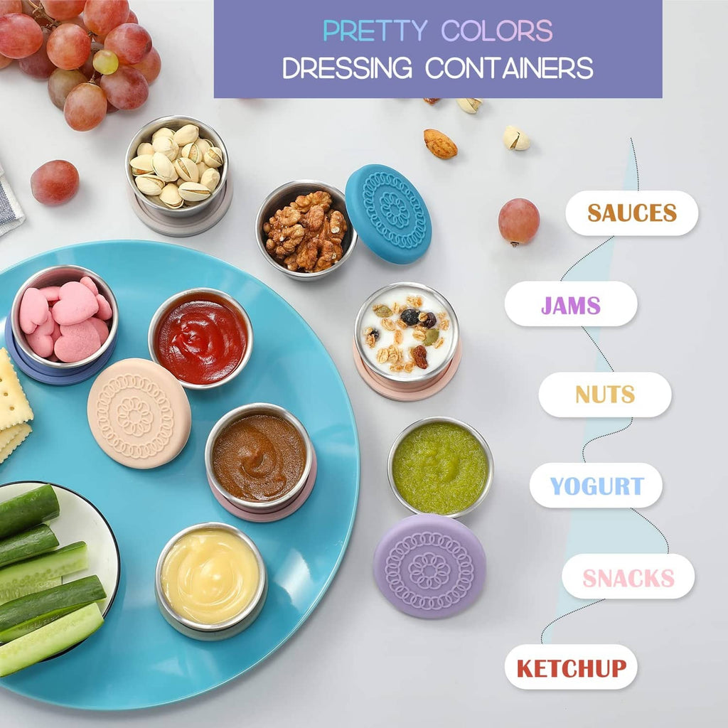 Mixed pastel set of salad dressing containers with embossed silicone lids and stainless cups