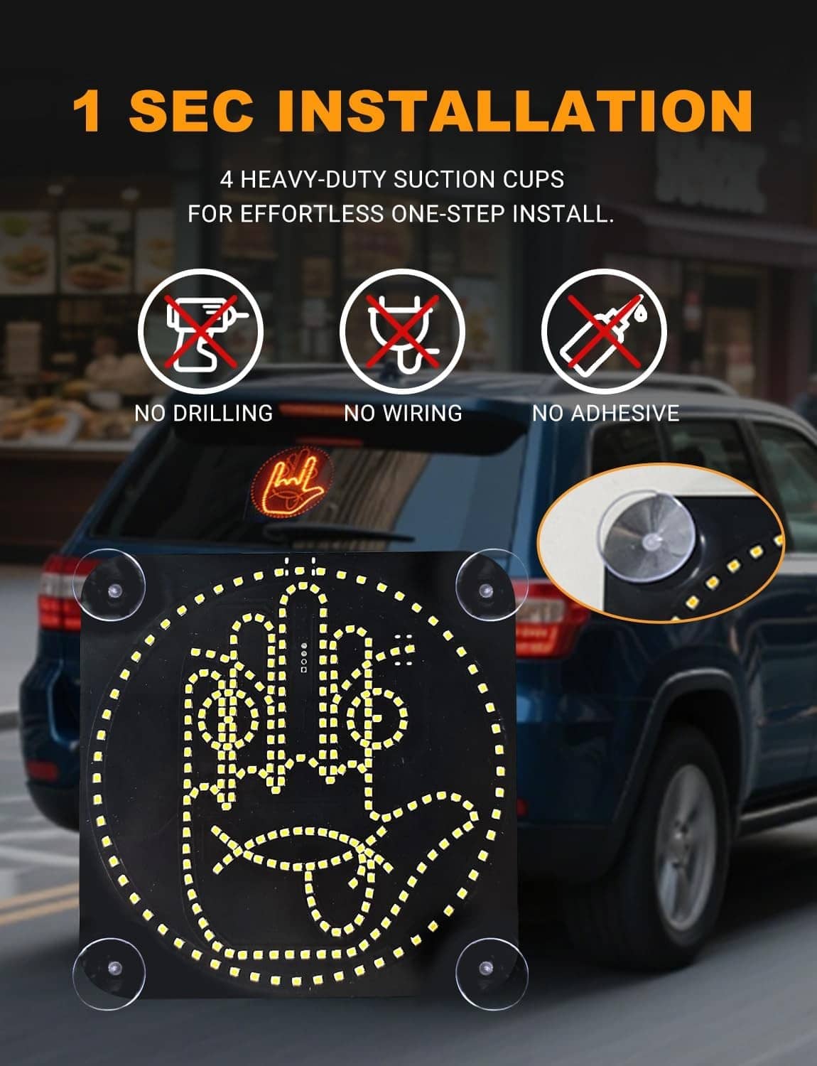 Amber LED hand-gesture suction light mounted on car rear window