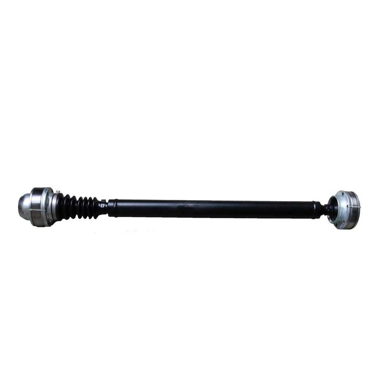 Front drive shaft prop with black tube and silver end flanges, horizontal view
