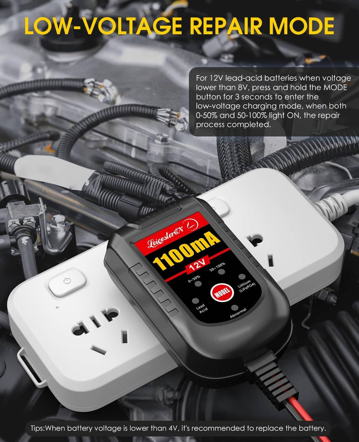 12V battery charger with digital screen and connected red/black power leads