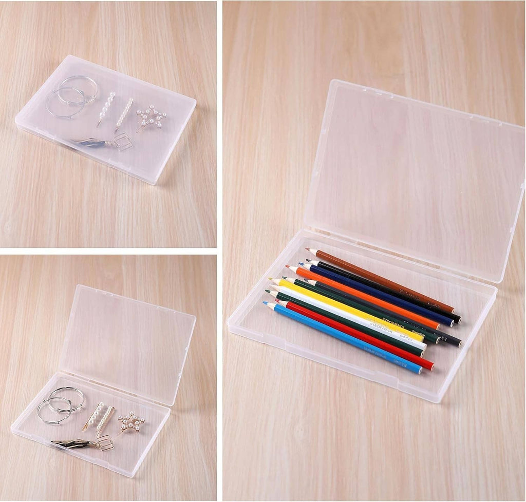 Clear plastic storage box holding office accessories and pens/markers