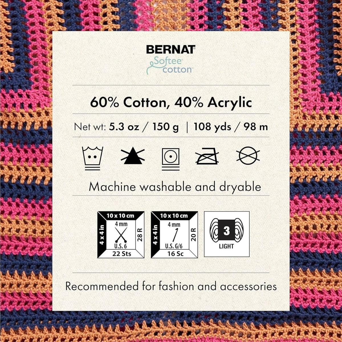 Yarn label card: 60% cotton, 40% acrylic, machine washable and dryable