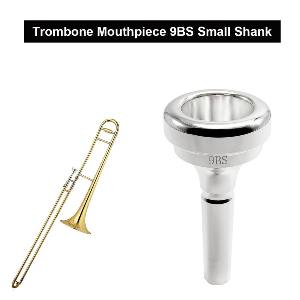 Silver-plated trombone mouthpiece with 9BS rim detail, small shank