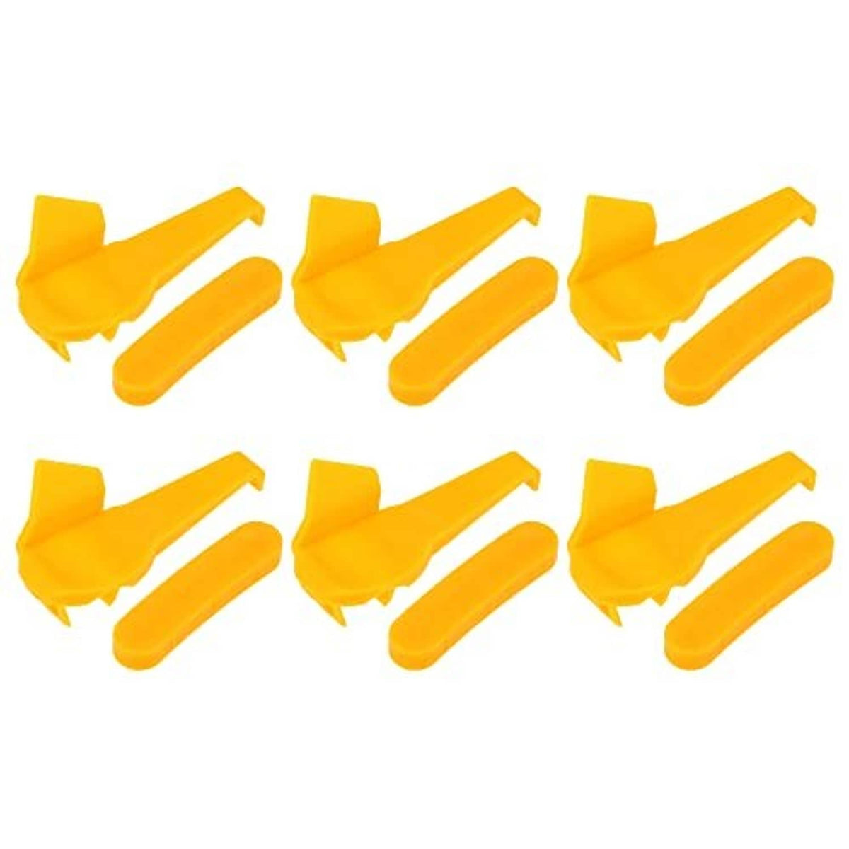 Set of six yellow plastic tire changer inserts, two-prong curved demount head pieces