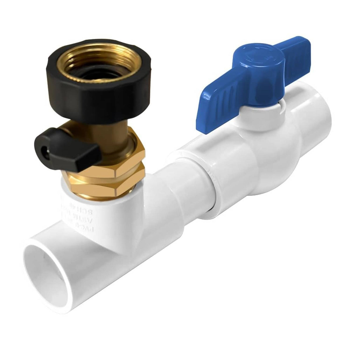 3/4 in AC drain line cleaner fitting with white PVC body, blue lever, brass valve