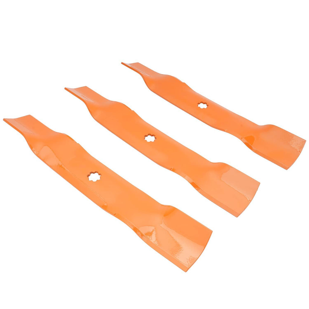 Four orange deck mower blades with star-shaped mounting holes