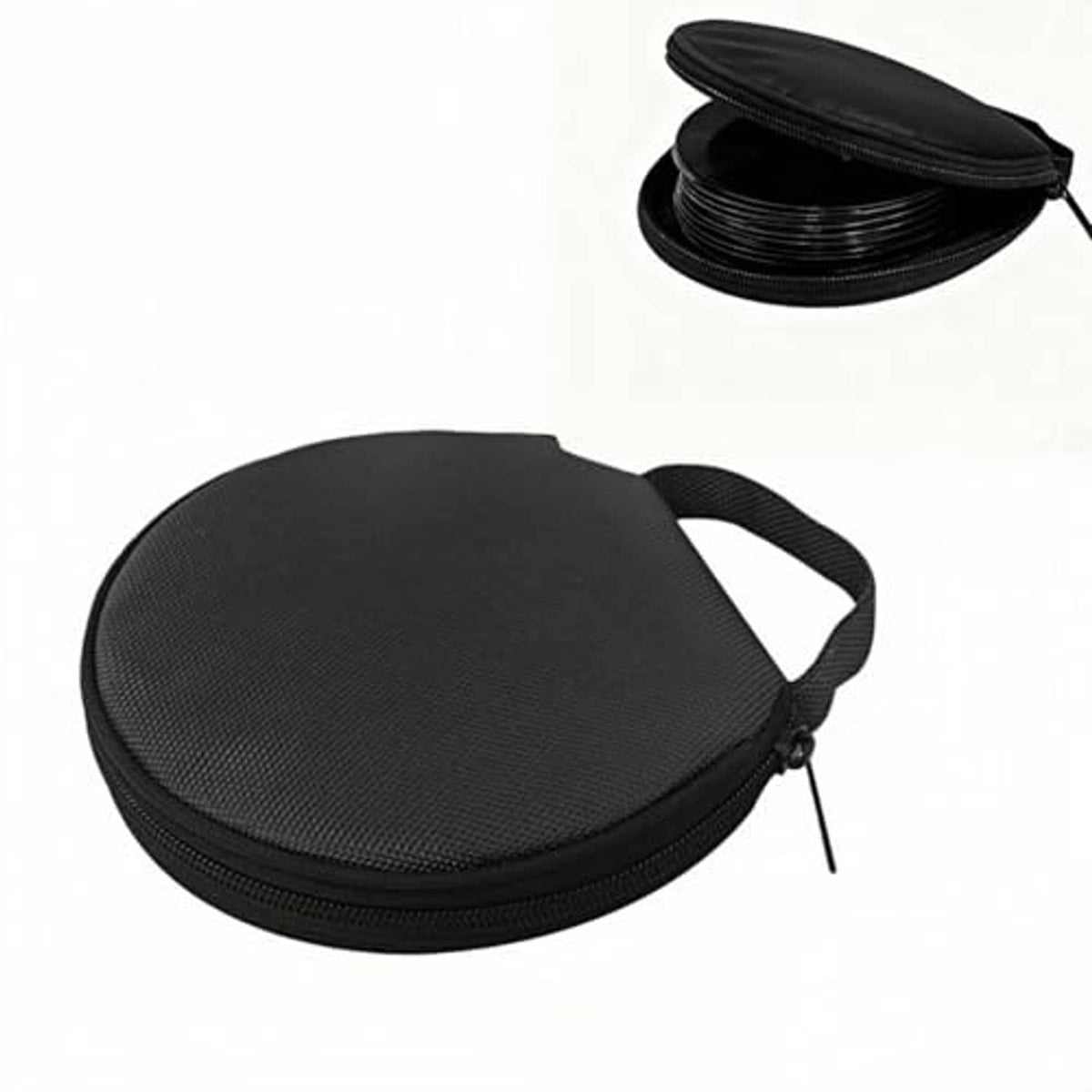 Black round CD/DVD case with zip closure and carry strap