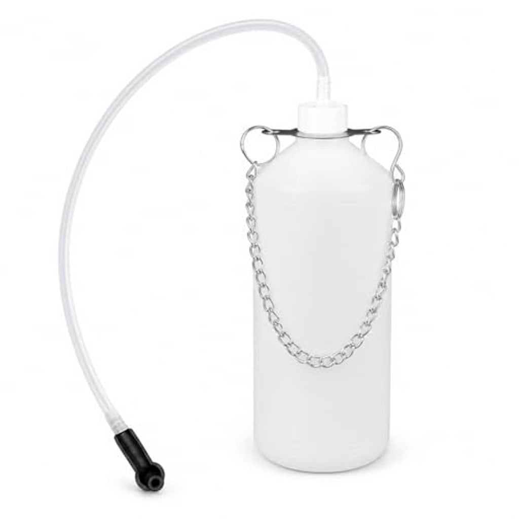 White brake bleeder bottle with hanging chain and clear hose with black end