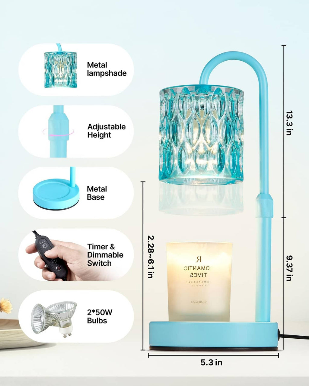 Blue candle warmer lamp base with adjustable height and ribbed glass lamp shade