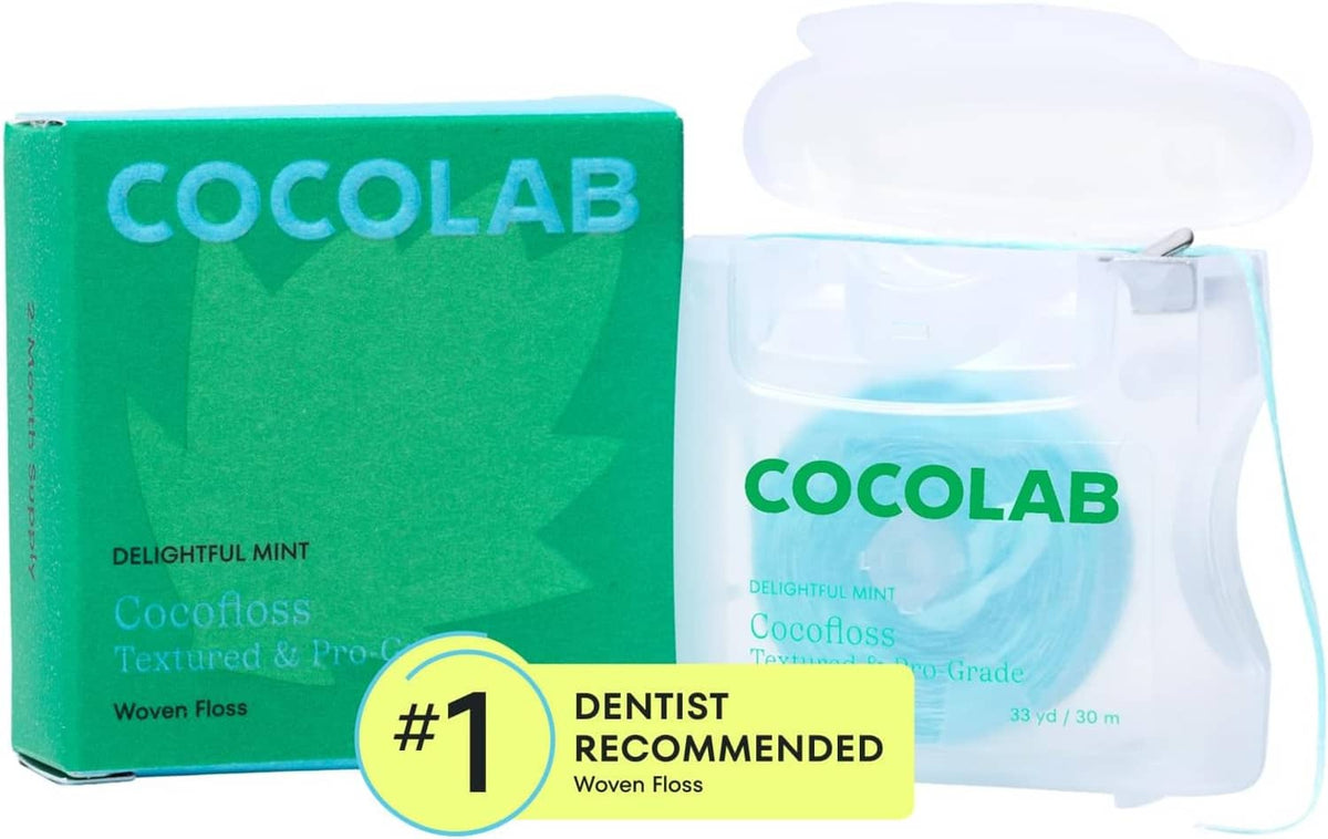 Cocofloss expanding woven dental floss set with waxed floss, mint, in box and dispenser