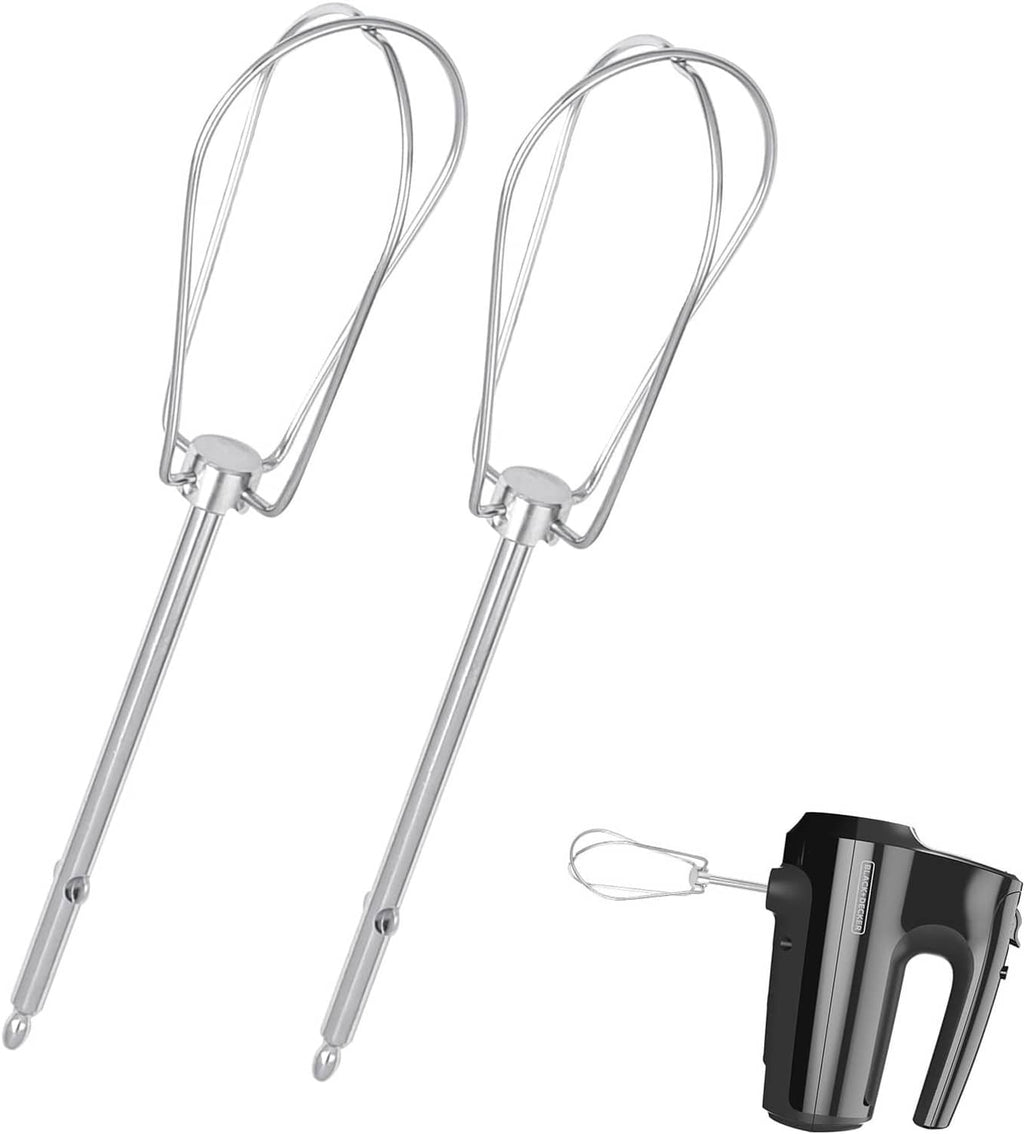 Two stainless steel hand mixer beaters with mounting clips and curved wire loops