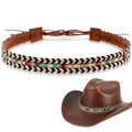 Braided hat band with brown leather snap tabs and black, white, teal stripe pattern