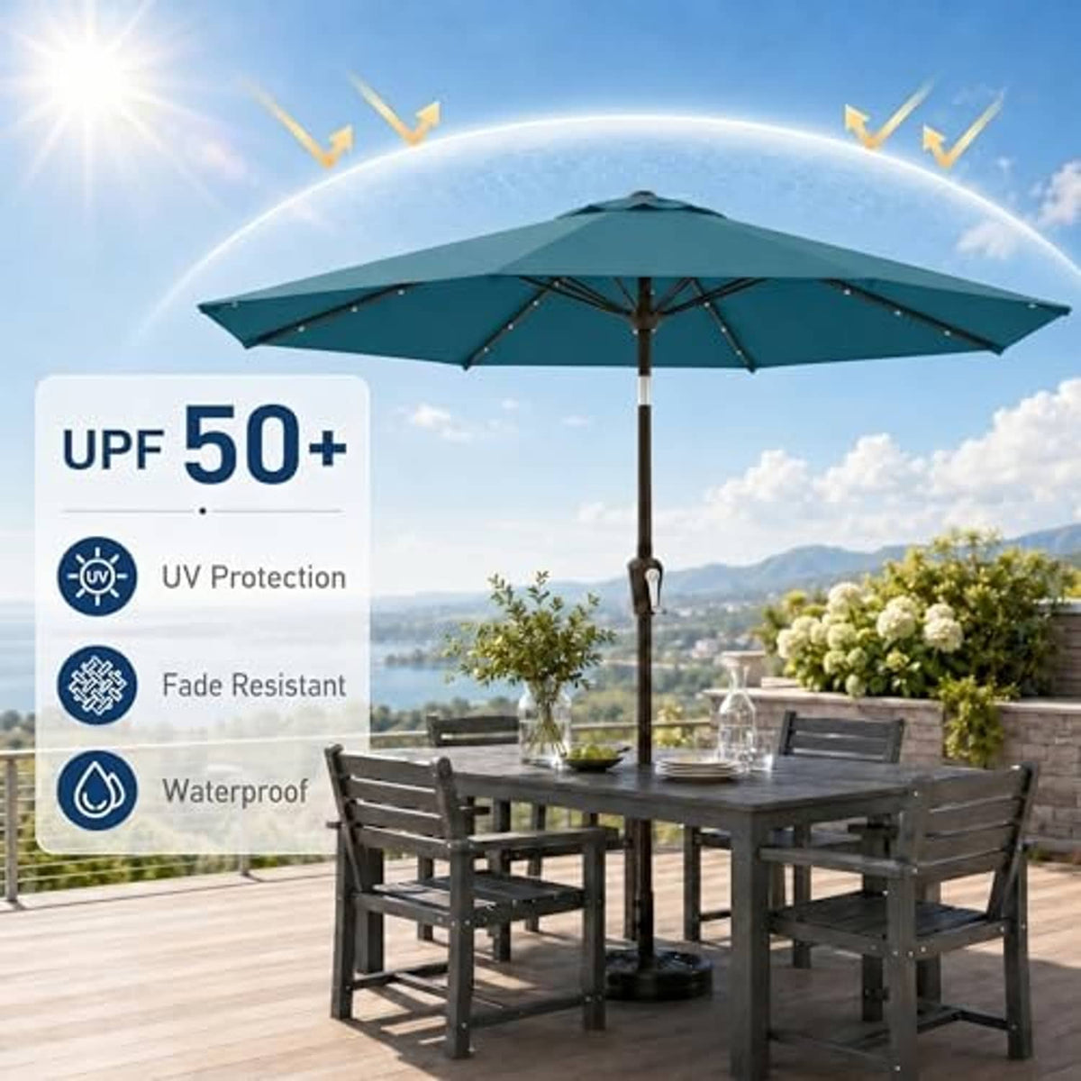Teal patio umbrella with solar light string and UPF 50+ sun canopy