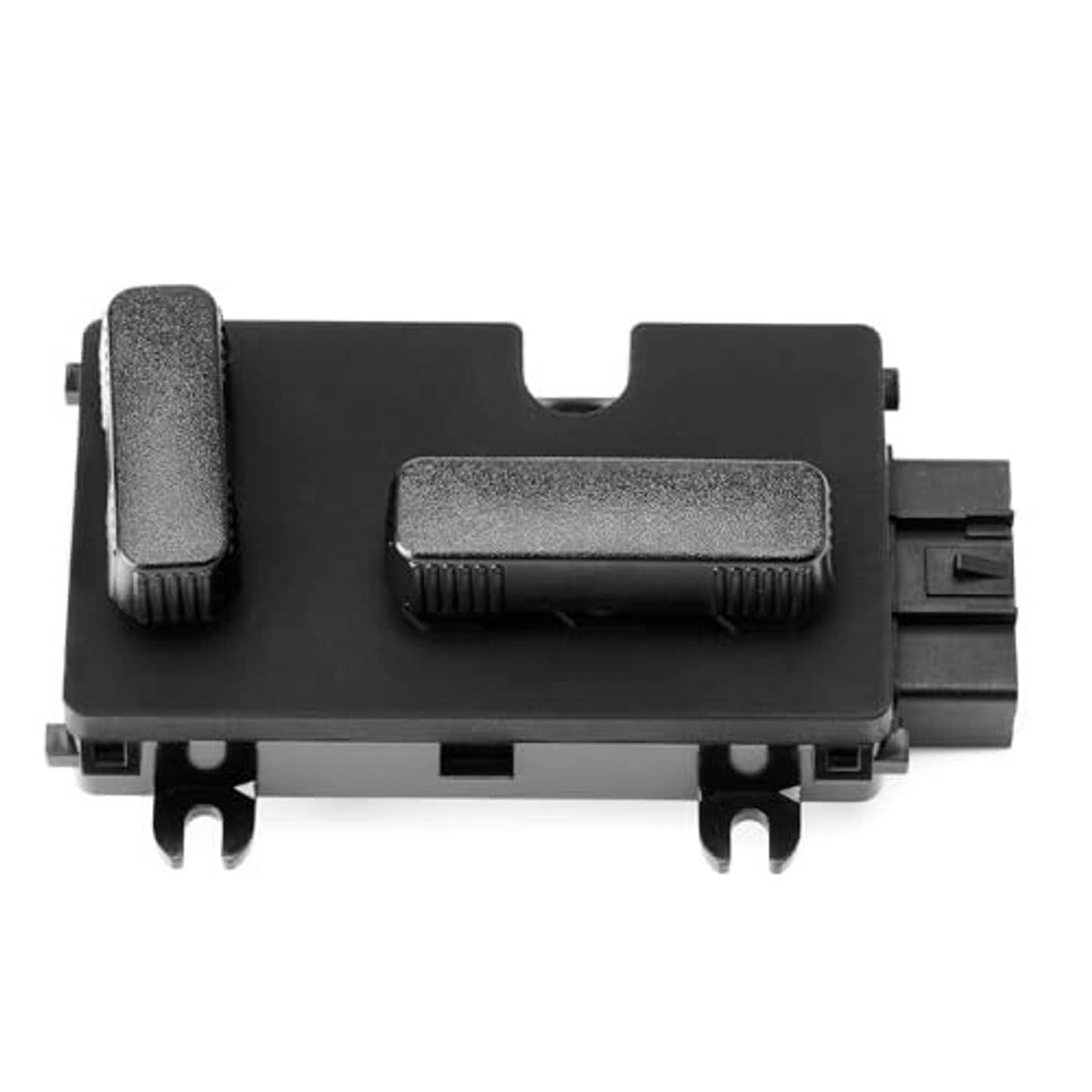 Passenger power seat switch control module from front showing three textured switch grips on black.