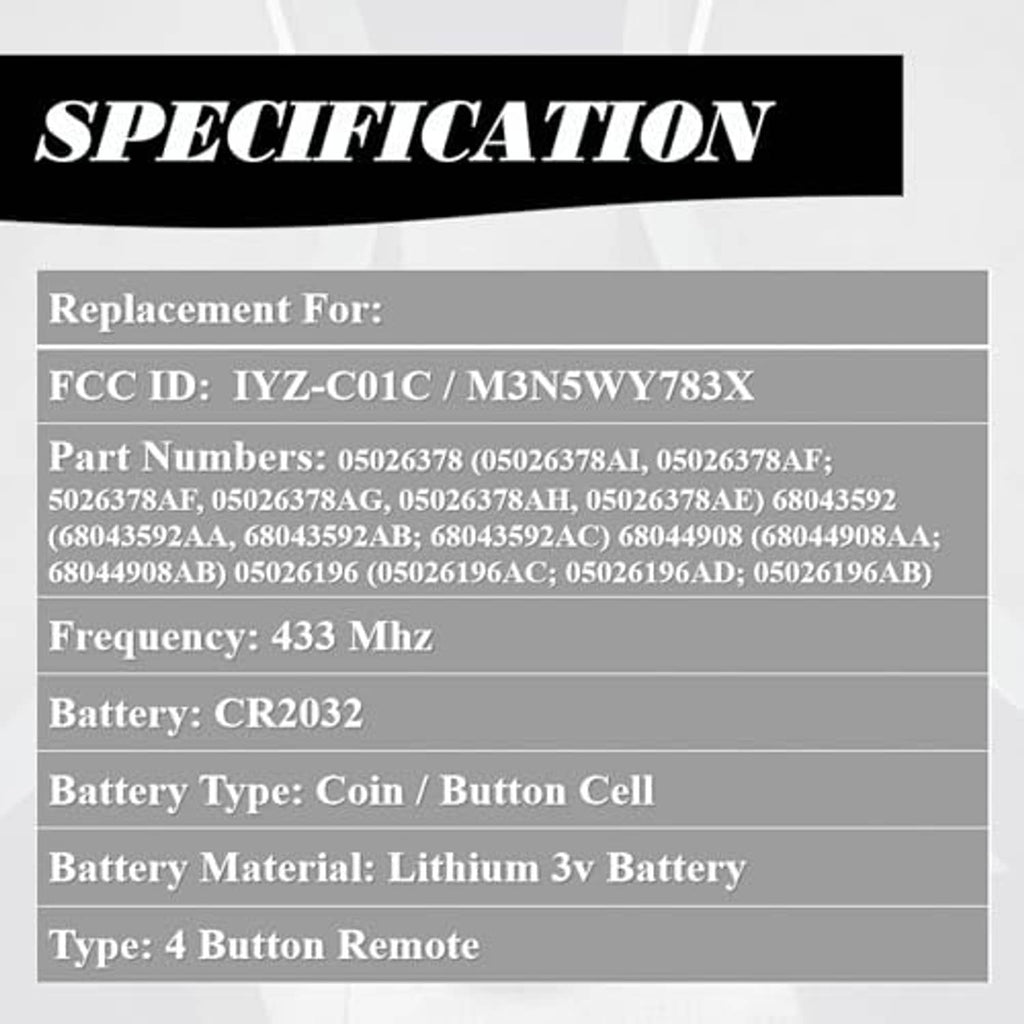 Key fob specification sheet with replacement details, frequency, and CR2032 battery info