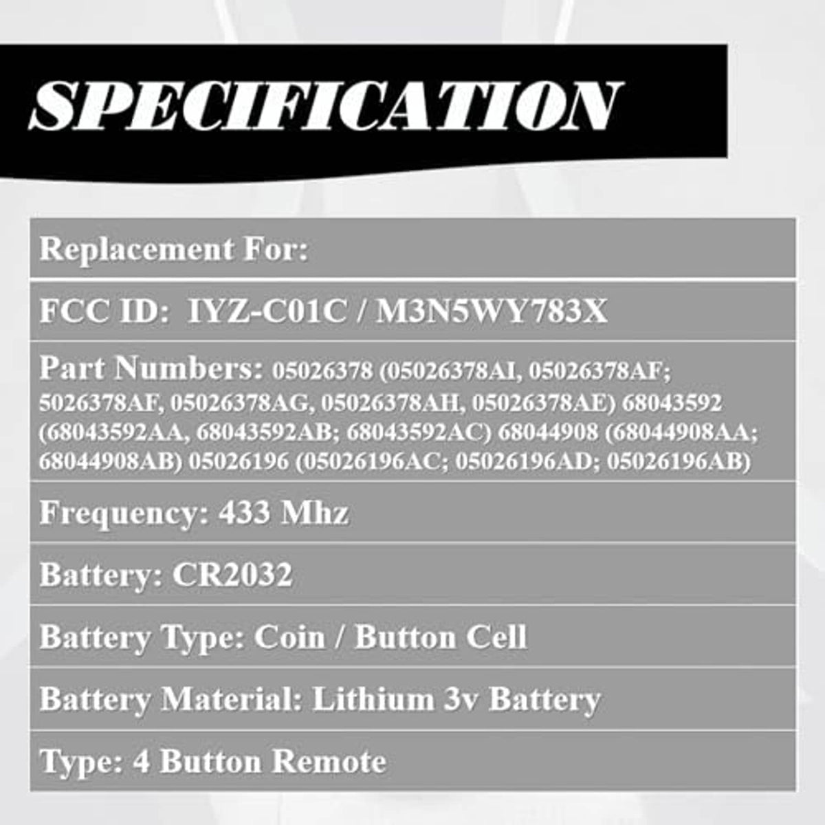 Key fob specification sheet with replacement details, frequency, and CR2032 battery info