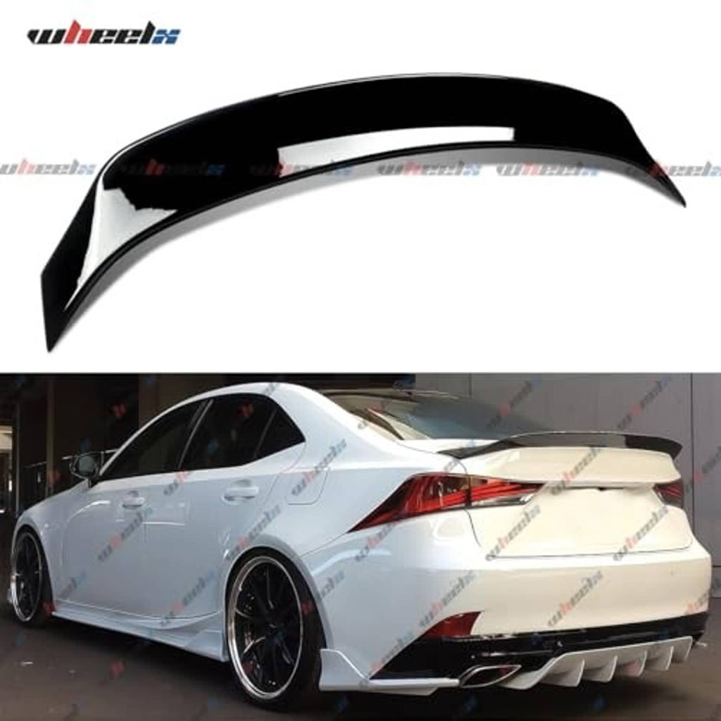 Gloss black rear duckbill spoiler on white car rear quarter view