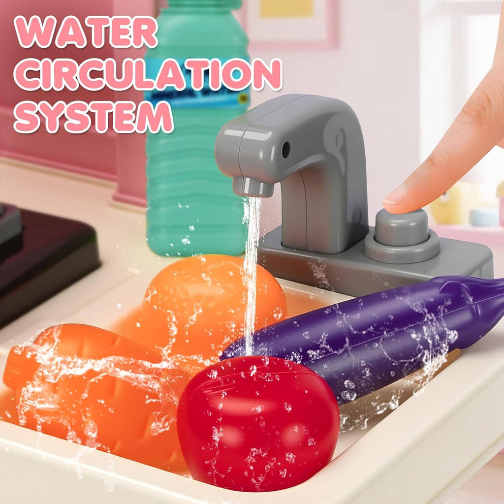 Kids kitchen playset water pump and nozzle pouring water into a toy sink basin