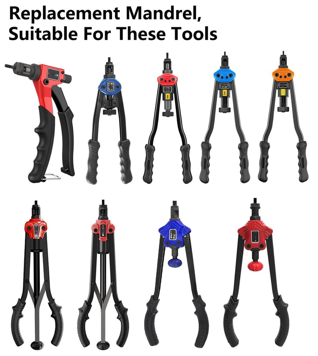 Replacement mandrel set shown with rivet nut tools in red, blue, and orange