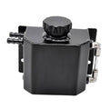 Universal coolant overflow tank reservoir with black cap and aluminum fittings, angled view