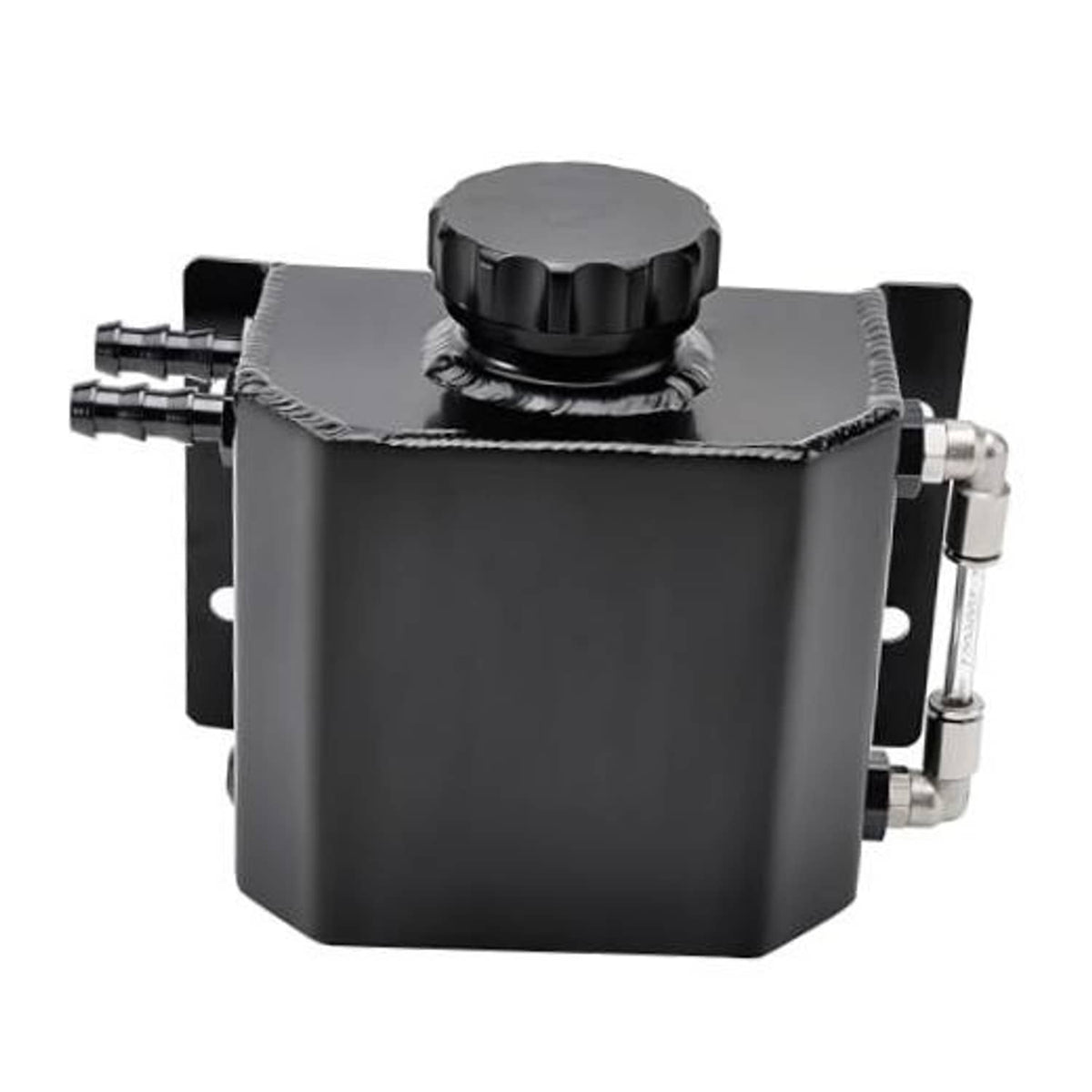 Universal coolant overflow tank reservoir with black cap and aluminum fittings, angled view