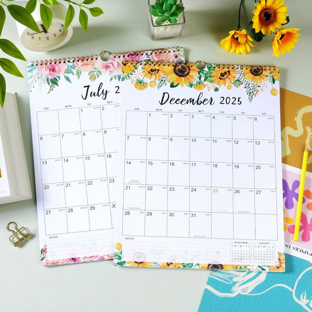 Two floral monthly wall calendars with spiral binding, showing July 2025 and December 2025