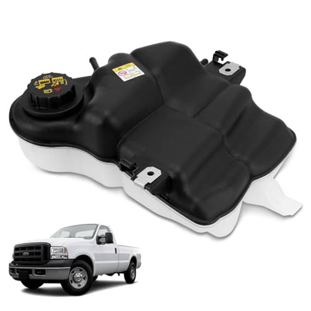 Coolant reservoir tank with cap and metal mounting tabs, black housing with white base