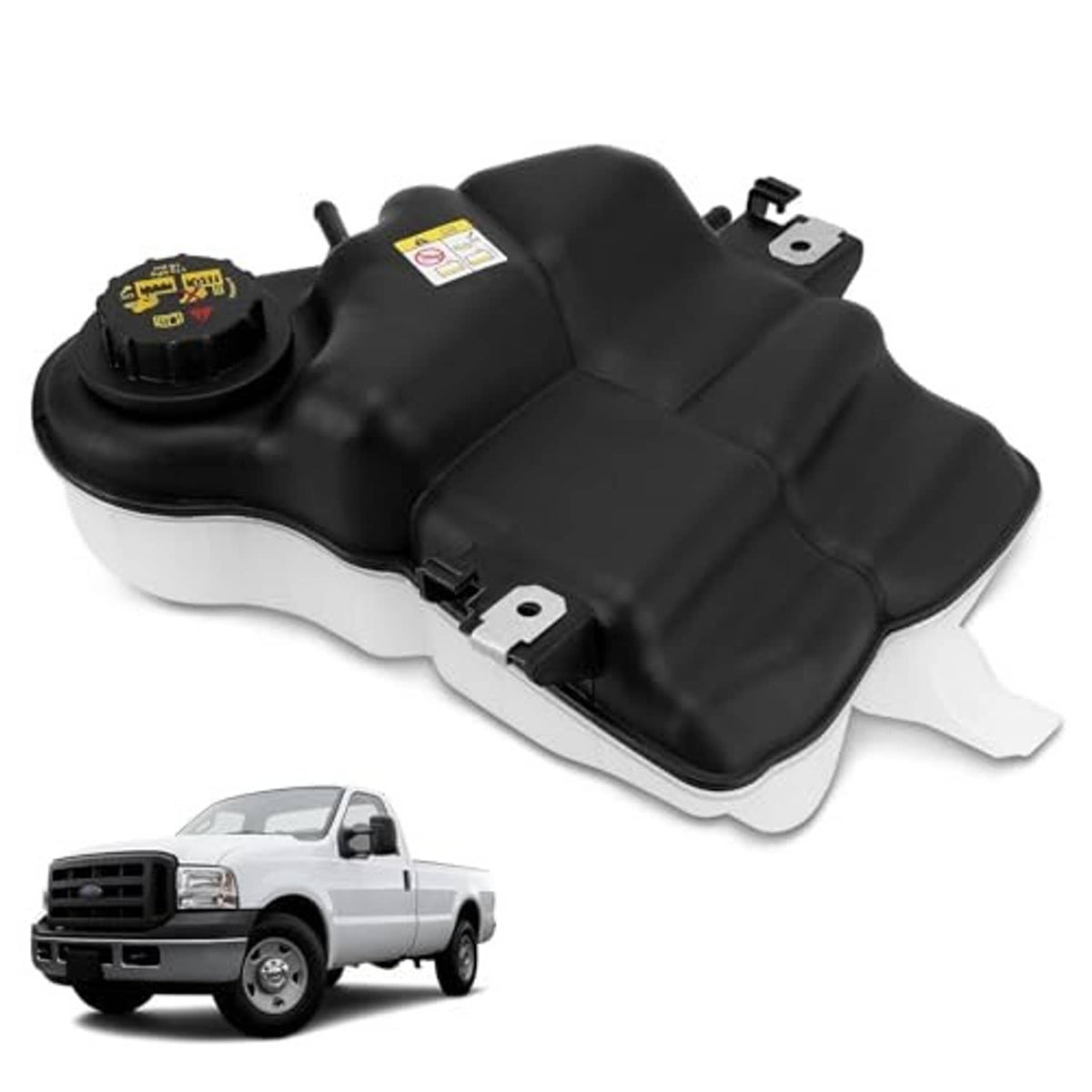 Coolant reservoir tank with cap and metal mounting tabs, black housing with white base