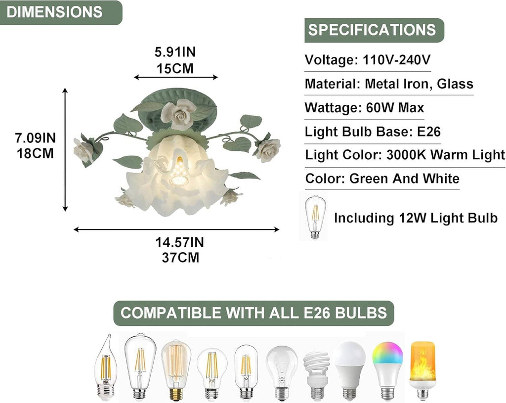 Green and white floral semi-flush ceiling light with glass rose shades and metal iron frame